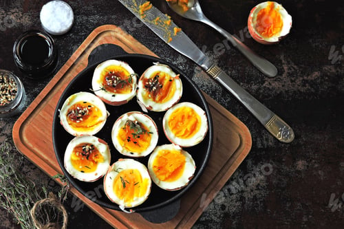 Preview: Soft-Boiled Eggs In The Shell In A Small Skillet. Useful Stylish Breakfast. Keto Breakfast.
