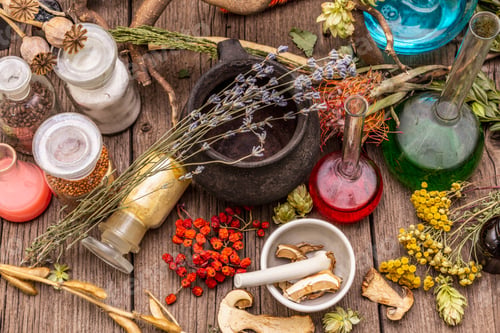 Preview: Witch'S Laboratory. Alchemical Equipment, Apothecary Treatment. Mortar And Pestle, Bottles
