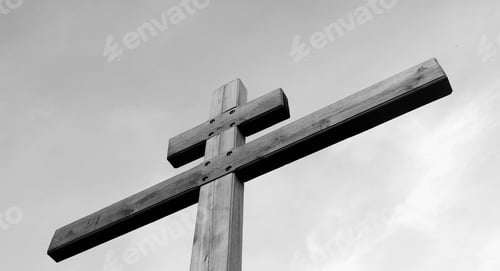 Preview: Wooden Cross Against The Sky. Black And White.