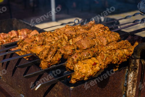 Preview: Skewers With Meat Over Charcoals. Cooking Shashlik