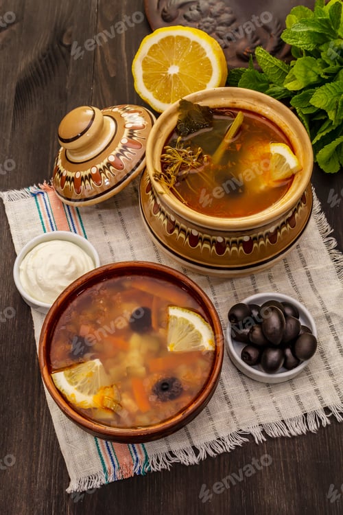 Preview: Hodgepodge, Hot Soup Served In Traditional Ceramic Bowl And Pot. Classical Eastern Europe Dish