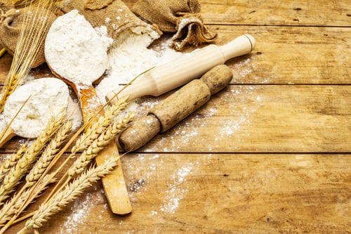 Preview: Flour In Sacks, Ears Of Grain, Spoons And Wooden Rolling Pins. Baking Concept, Wooden Boards