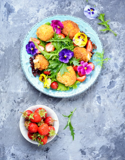 Vista previa: Fashionable Summer Herbal Salad With Grilled Cheese, Strawberries And Flowers