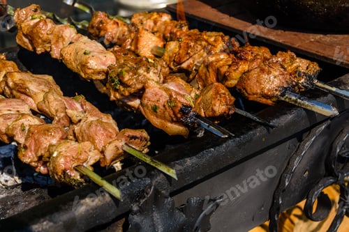 Preview: Skewers With Meat Over Charcoals. Cooking Shashlik