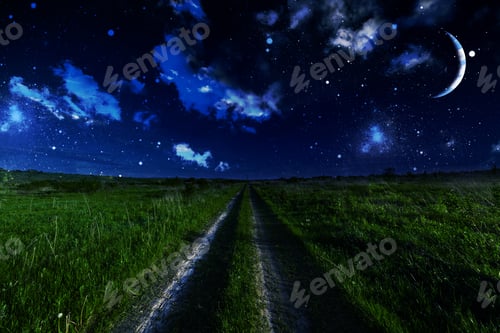 Preview: Green Night Field. Star Sky