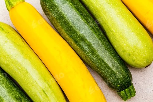 Preview: Assorted Colorful Zucchini. Fresh Vegetables For Cooking. Harvest On Stone Background, Top View