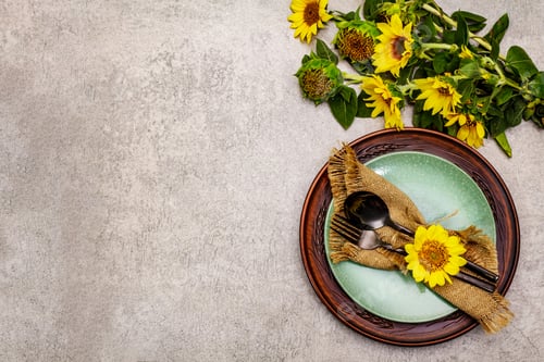 Preview: Autumn And Thanksgiving Dinner Place Setting. Sunflower Bouquet, Ceramic Plates And Sackcloth