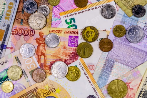 Preview: Multi Currency Background. Euro, American Dollars, Ukrainian Hryvnias, Egyptian Pounds, Russian