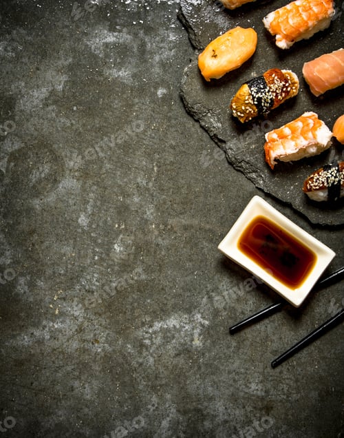 Preview: Sushi With Soy Sauce. On The Stone Table.