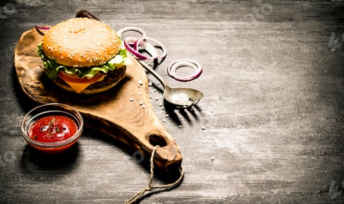 Preview: Cooked Hamburger With Ketchup And Onion Rings On A Wooden Board. On A Black Chalkboard.