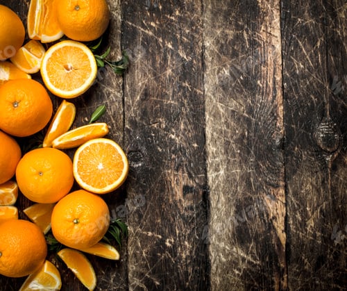Preview: Fresh Oranges With Leaves. On A Wooden Background.