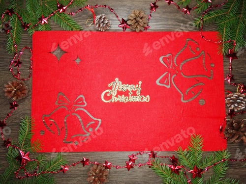 Preview: Christmas Background And Decoration With Fir Branches Copy Space On Wooden Board