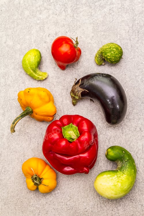 Preview: Trendy Ugly Organic Vegetables. Assortment Of Fresh Pepper, Eggplant, Cucumber, Tomato, Pumpkin