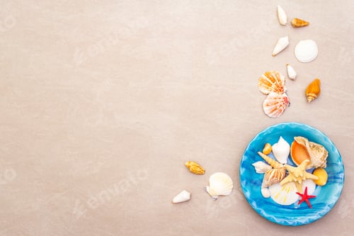 Preview: Seashells Summer Background. Lots Of Different Seashells Piled Together In Blue Plate, Copy Space