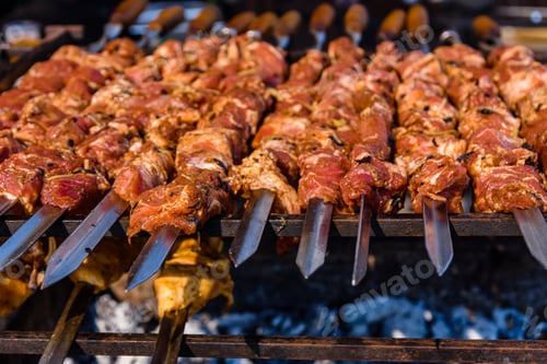 Preview: Skewers With Meat Over Charcoals. Cooking Shashlik