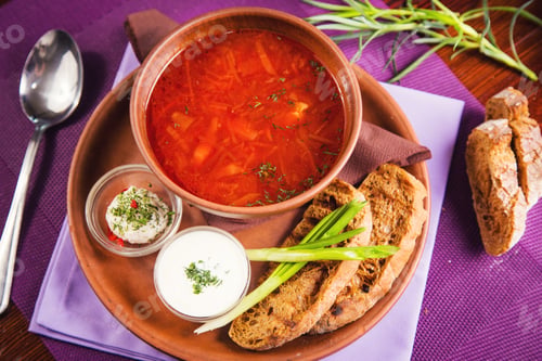 Preview: Ukrainian National Food-Borsch With Sour Cream And Green Onion