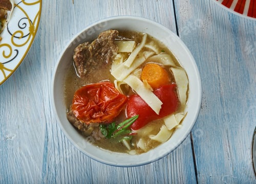 Preview: Shorpo, Lamb Soup , Kazakh Cuisine, Traditional Assorted Dishes Kazakhstan, Top View.