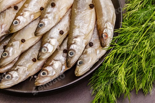 Preview: Raw Sea Fish Smelt, Sardines, Anchovies, Capelin With The Scent Of Fresh Cucumber Ready For