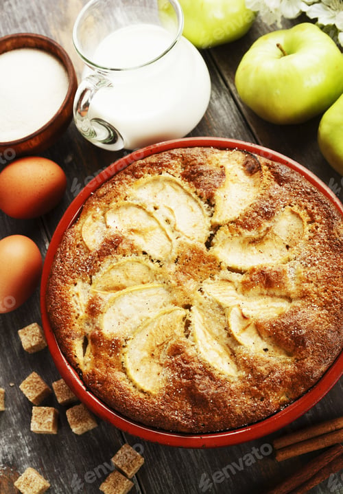 Preview: Apple Pie With Semolina And Cinnamon On The Table. Mannick