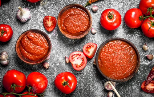 Preview: Tomato Sauce With Spices And Herbs. On Rustic Background.