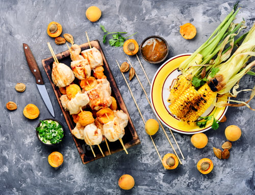 Preview: Shish Kebab With Turkey Meat, Cooked With Apricots On Skewers.Food For A Picnic.