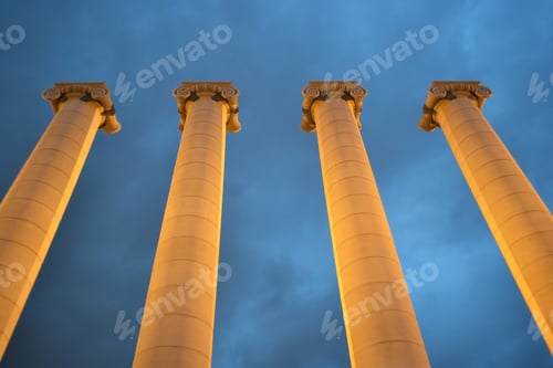 Preview: Columns On Square Of Spain At Night, Barcelona, Catalonia.