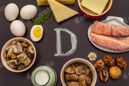 Preview: Foods Containing Vitamin D. Cheese, Eggs, Butter, Nuts, Milk, Sardine. Black Chalk Board Background
