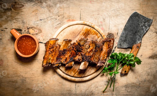 Preview: Barbecued Ribs With Tomato Sauce And A Carving Hatchet. On Wooden Background.