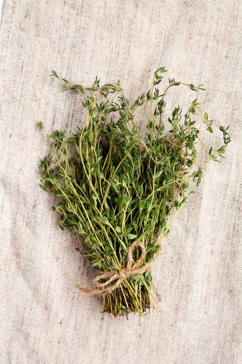 Preview: Raw Organic Fresh Thyme On Cloth, Top View. Flat Lay, Overhead, From Above. Close-Up.