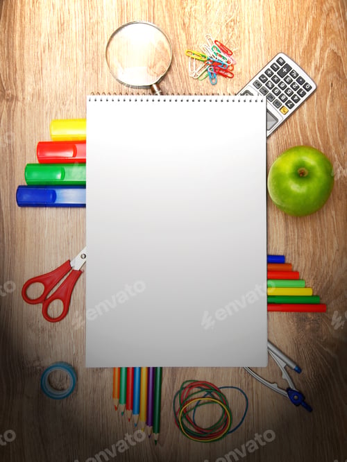 Preview: Back To School. School Accessories On A Wooden Background.
