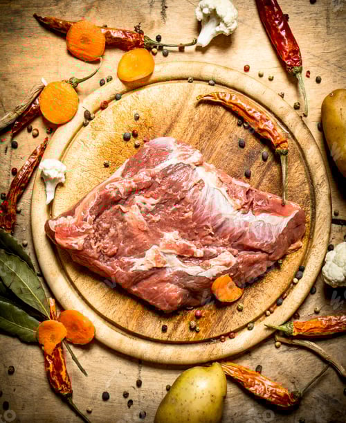Preview: Ingredients For Soup With Pork. On Wooden Background.