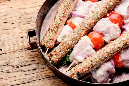 Preview: Raw Kebab From Meat On A Wooden Background With Vegetables