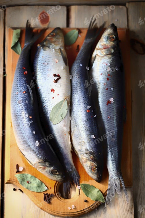 Preview: Selective Focus. Spicy Salted Herring. Whole Salted Herring. Norwegian Herring. Saltwater Fish