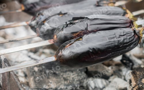 Preview: Eggplant Roasted On Fire. Selective Focus