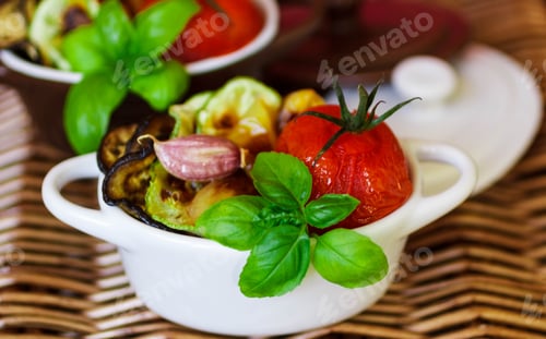 Preview: Vegetables, The Roasted - Eggplant, Zucchini, Tomatoes, Peppers And Garlic. Dietary Nutrition. Soft