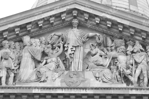 Preview: Sculptural Detail Of Pantheon In Latin Quarter In Paris, France. Black And White.