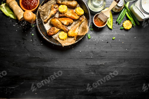 Preview: Fried Chicken Legs With Pieces Of Corn And Tomato Sauce.