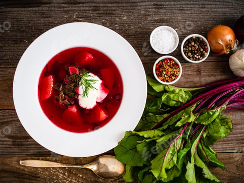 Preview: Borsch - Beetroots Soup With Cream On Wooden Table