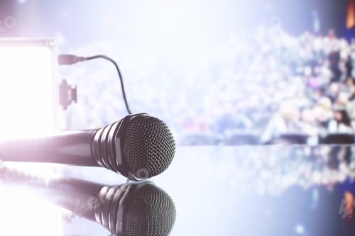 Preview: The Microphone On The Stage In Front Of The Hall. Performance On Stage. Rack For Performances.