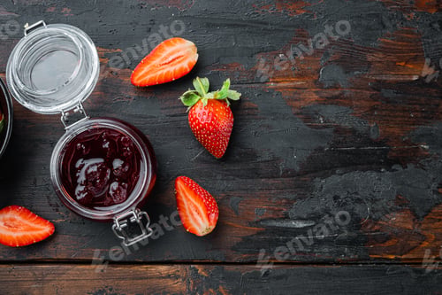 Preview: Natural Strawberry Jam Jar, On Old Dark Wooden Table Background, Top View Flat Lay With Copy Space