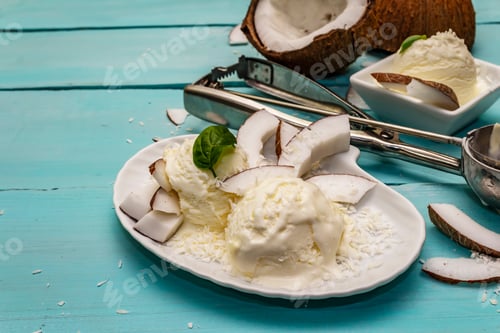 Preview: Lactose Free Coconut Ice Cream. Special Spoon, Halves Of Fruit, Flakes. Vegan Dessert Concept