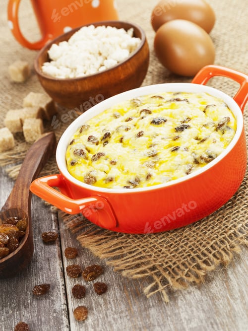 Preview: Cottage Cheese Casserole In A Ceramic Pot On A Table