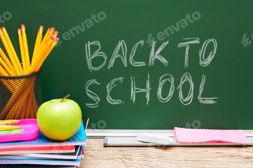 Preview: Apple And School Accessories Against A School Board. Back To School.