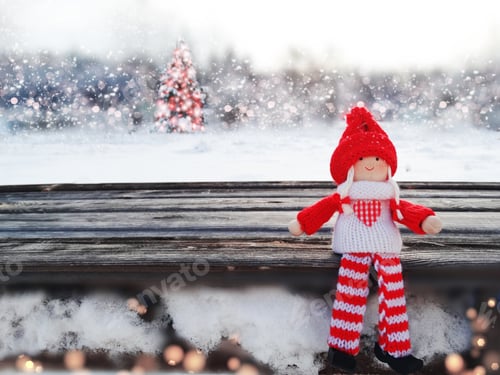 Preview: Christmas Girl Toy Decor With Fir Tree On Background With Garland Lights
