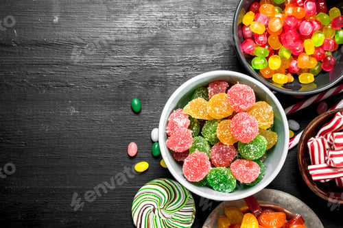 Preview: Different Sweet Candy, Jelly And Candied In A Bowl. On The Black Chalkboard.