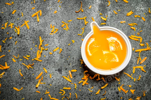 Preview: Freshly Squeezed Orange Juice With Pieces Of Fruit . On Rustic Background.