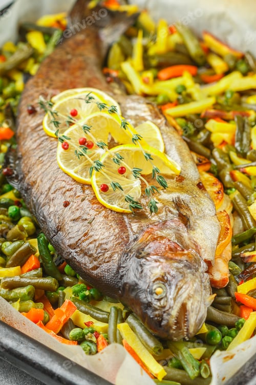 Preview: Baked Fish Trout With Vegetables (Potatoes, Carrots, String Beans, Green Peas And Onions) With