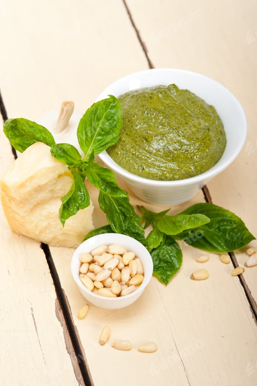 Preview: Italian Traditional Basil Pesto Sauce Ingredients On A Rustic Table