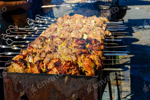 Preview: Skewers With Meat Over Charcoals. Cooking Shashlik