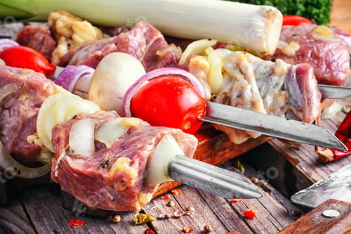 Preview: Raw Pork Meat On Skewer,Prepared For Frying